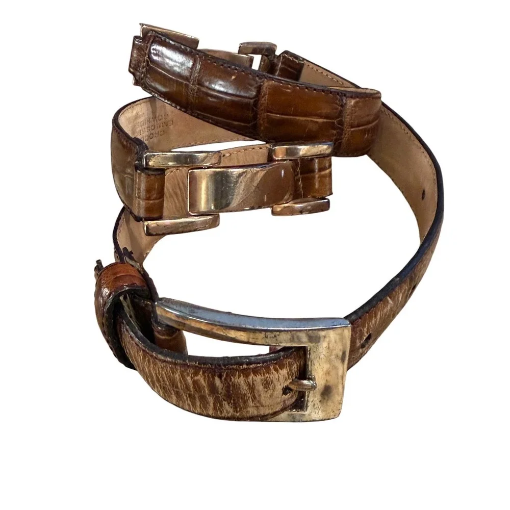 Fossil Vintage Croco‎ Embossed Leather Belt Womens Size S Brown Gold Y2K Cowhide